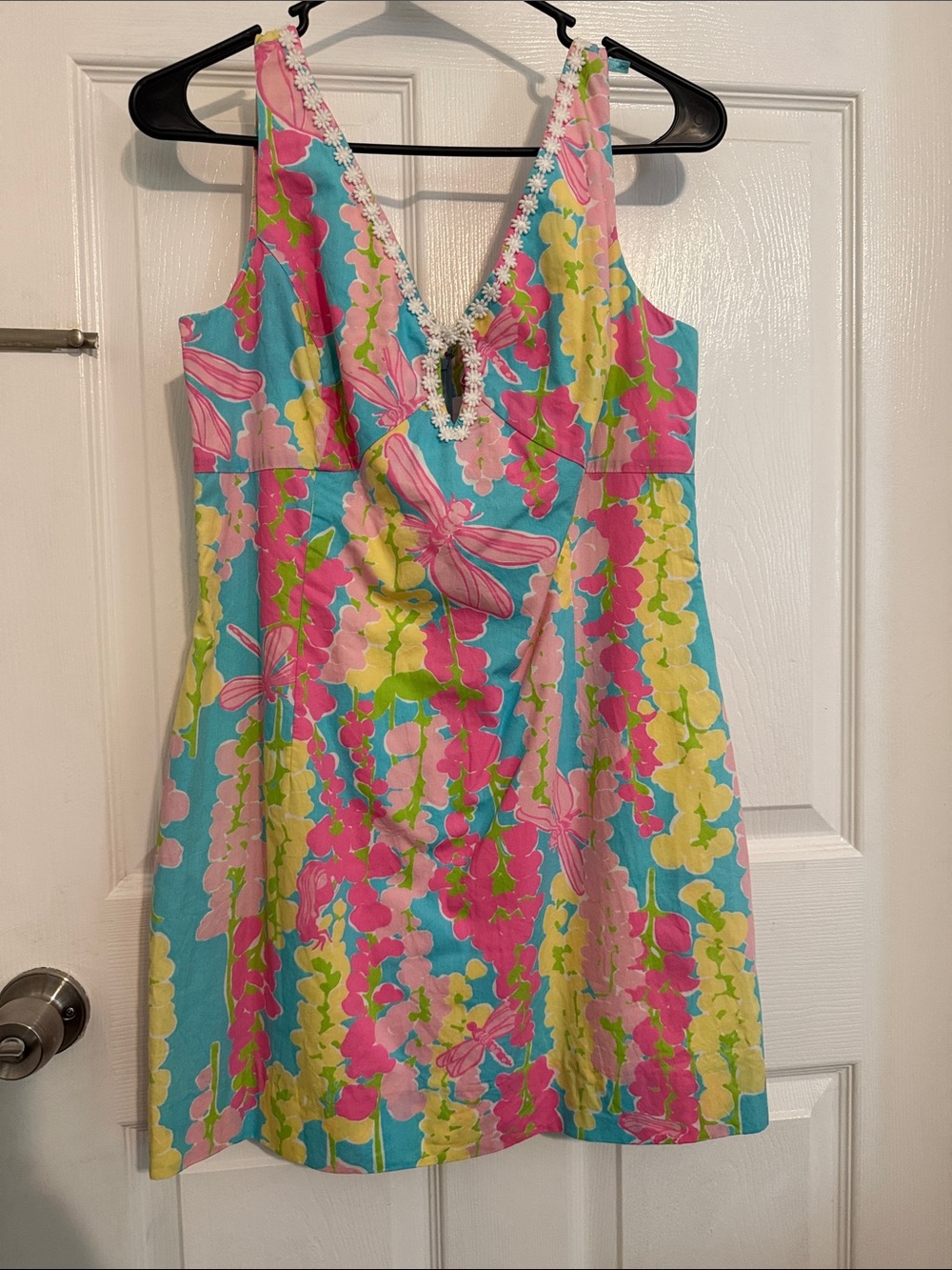 Vintage size 8 Lilly Pulitzer Floral V-Neck Mini Dress in Turquoise, Pink Yellow